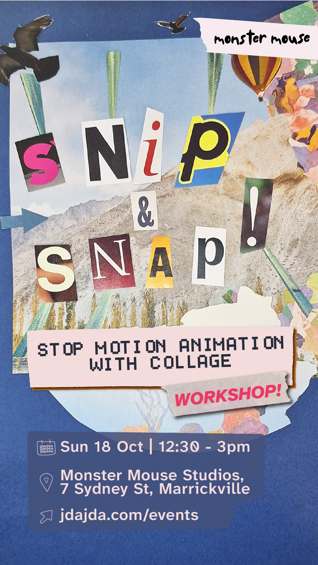 Snip & Snap stop motion collage workshop poster